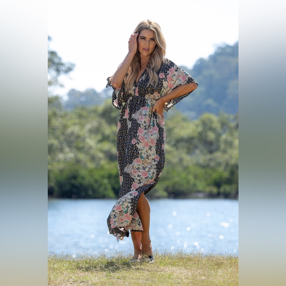 CIENNA maxi dress black gold pink wide sleeve short small NWT boho silky